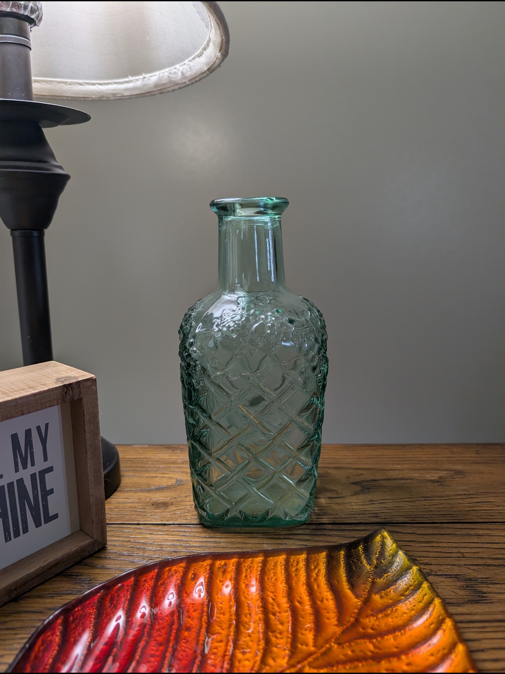 Vintage Embossed Green Glass Bottle Vase / Decanter